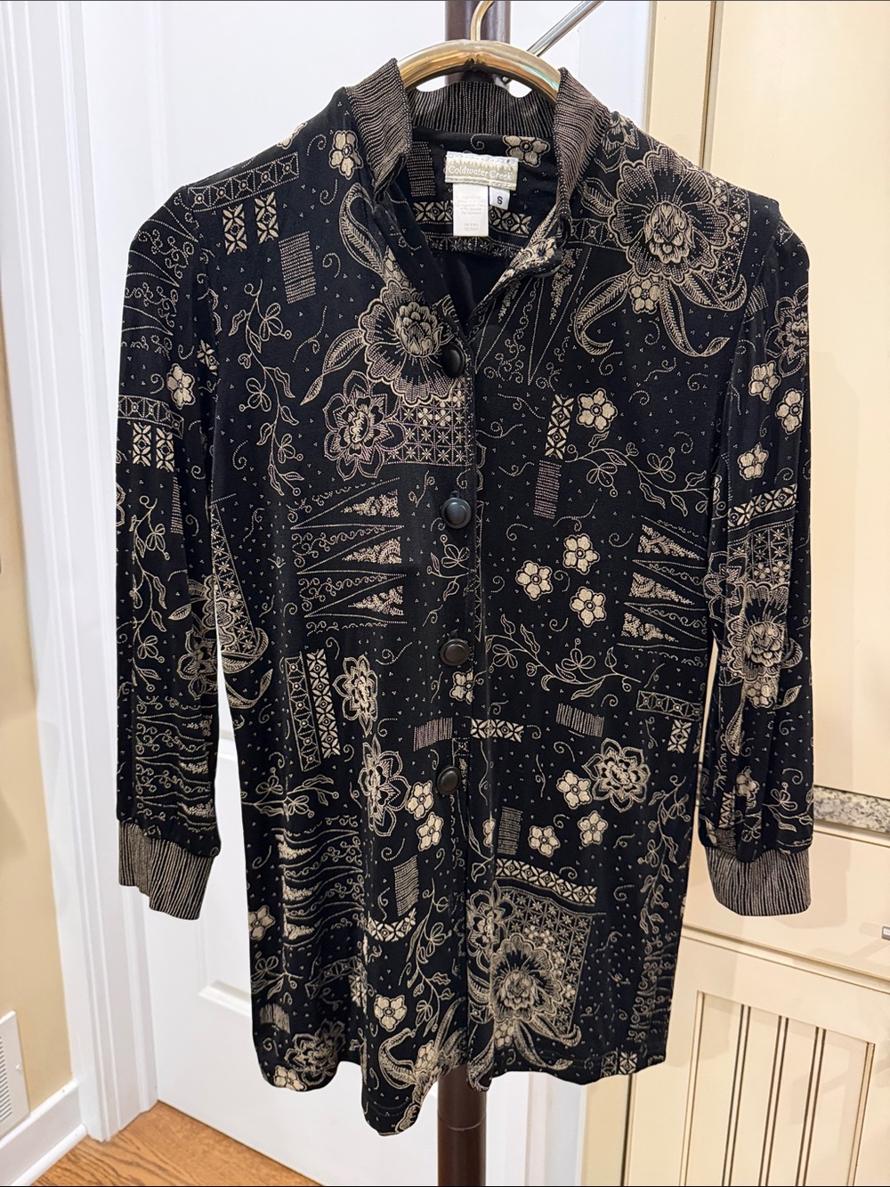 Coldwater Creek Black Jacket with Cream Floral Pattern